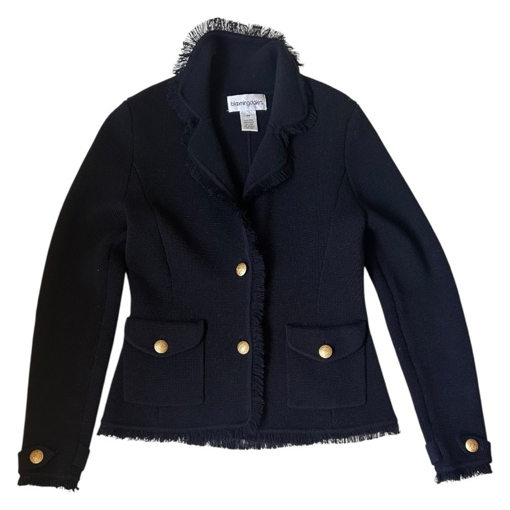 Bloomingdale’s 100% wool black blazer – gold buttons, fringe trim, Petite Small
